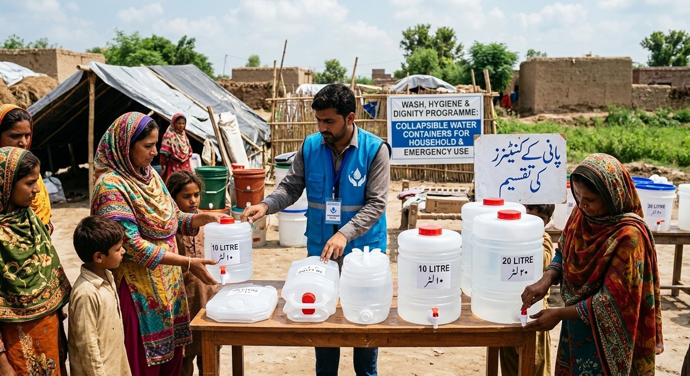 Collapsible water containers being distributed to households