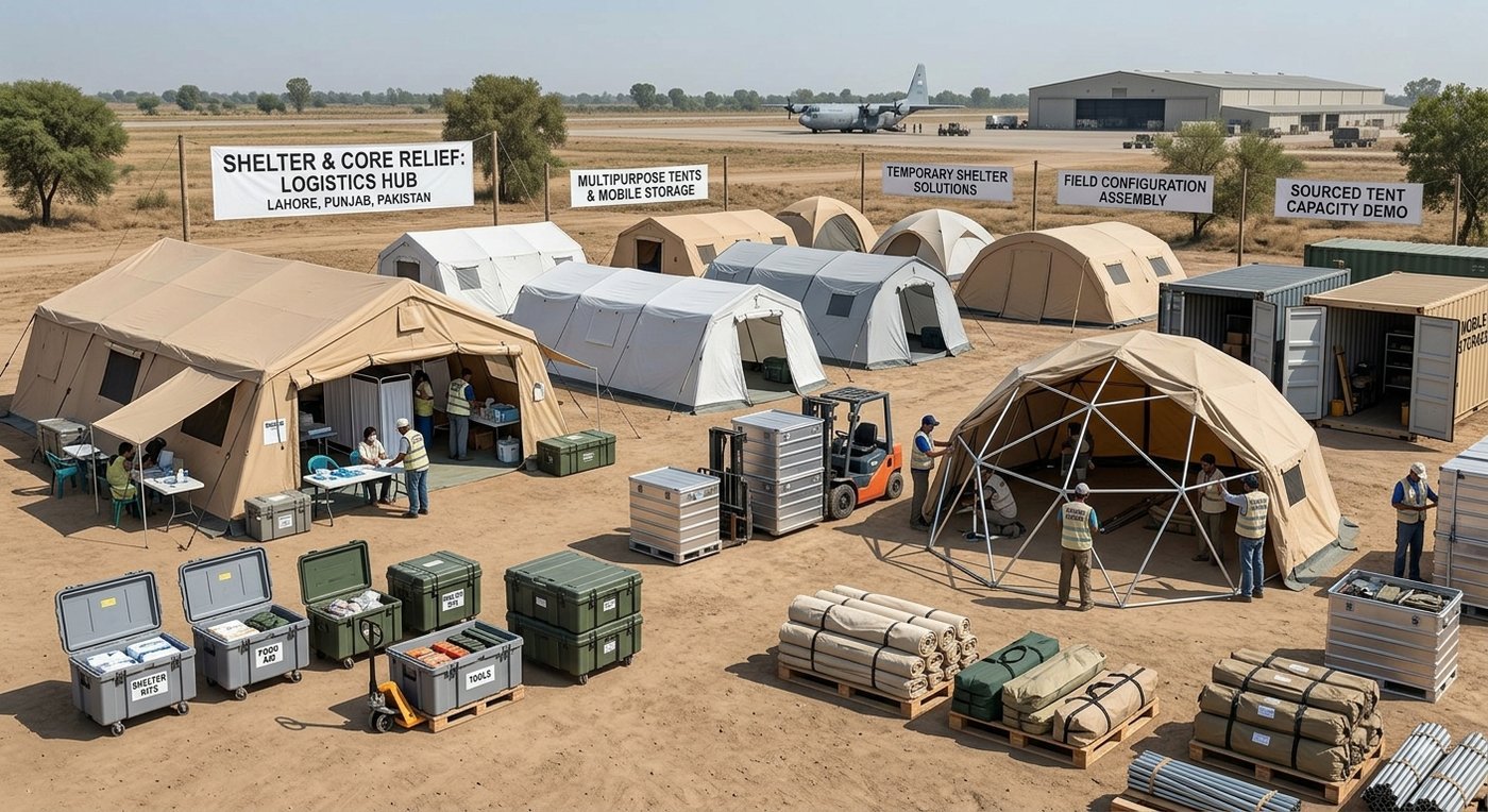 Multipurpose tents and mobile storage units erected at a field logistics site