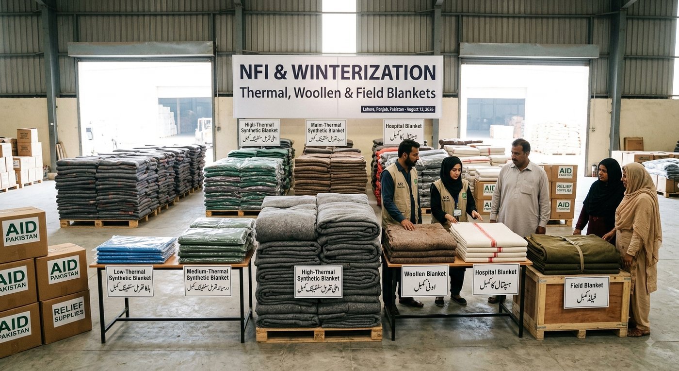 Thermal, woollen and field blankets stacked in a despatch warehouse